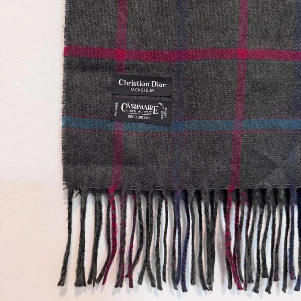 Christian Dior‎ Scarf Plaid Windowpane Cashmaire Fringe Vintage Dark Academia